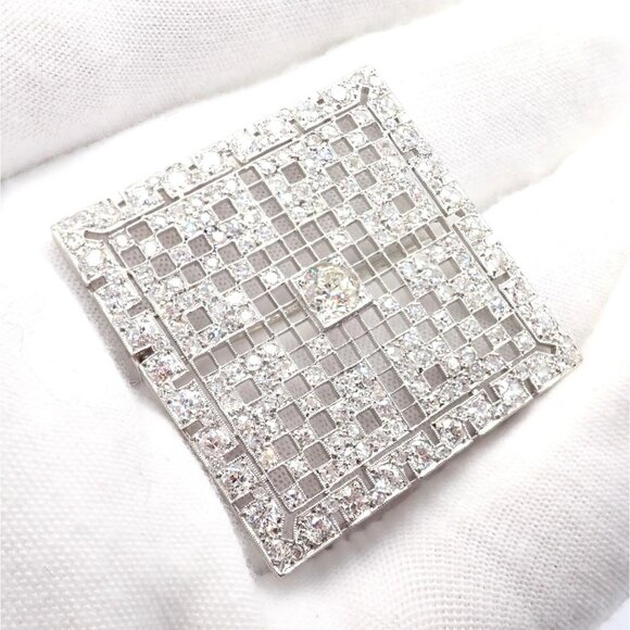 Vintage Estate Art Deco Platinum 5ctw Diamond Square Pin Brooch - Picture 3 of 10